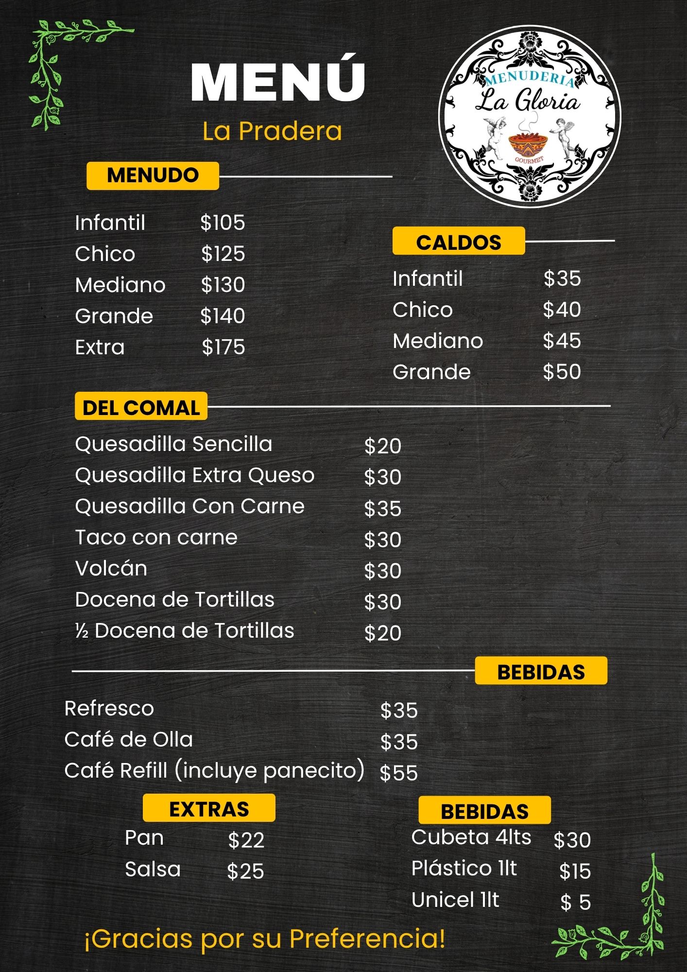 Menú Menuderia La Gloria La Pradera